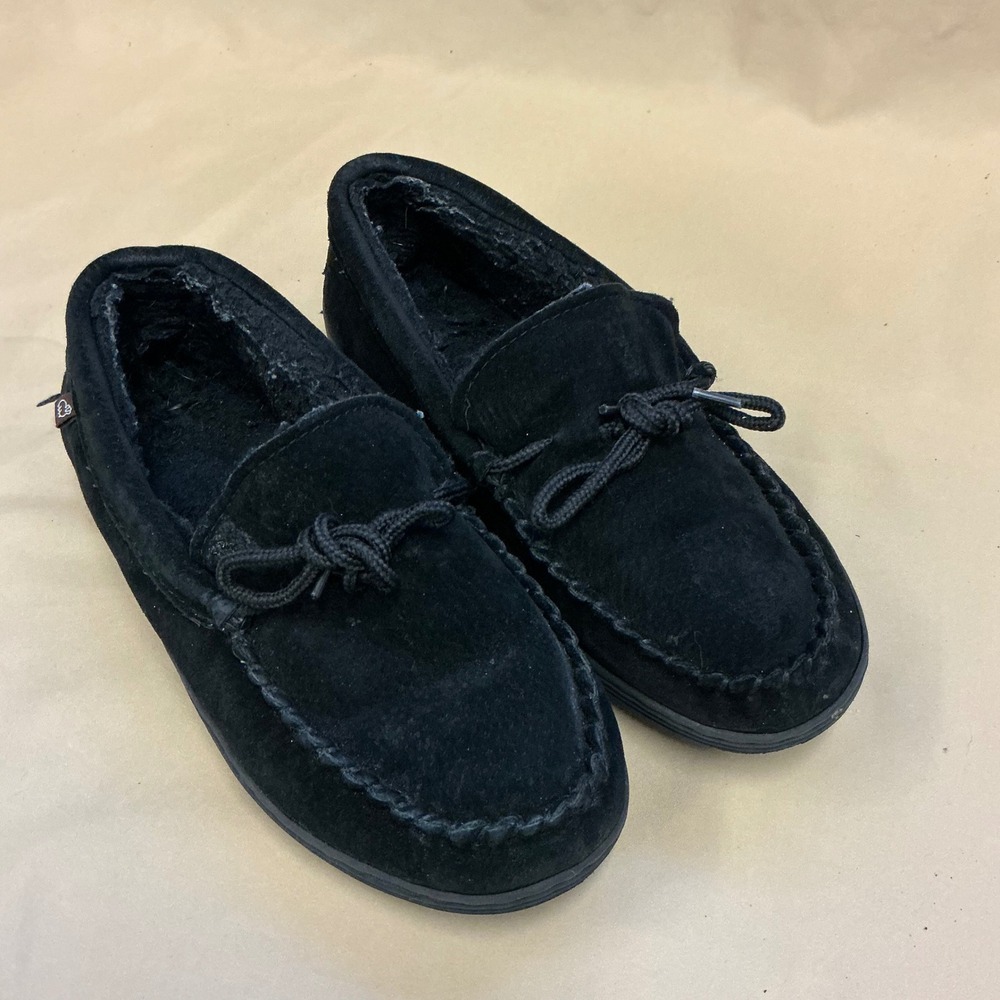 Lamo Black Suede Moccasin Slippers Faux Fur Lined Mens Size 7